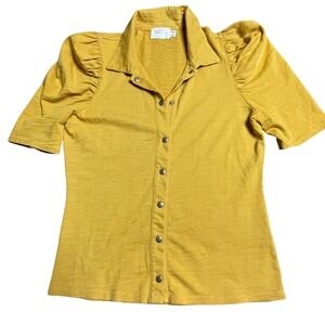 Nation‎ LTD Mustard Yellow Button Up Top Ruched Puff Sleeve Blouse Small S